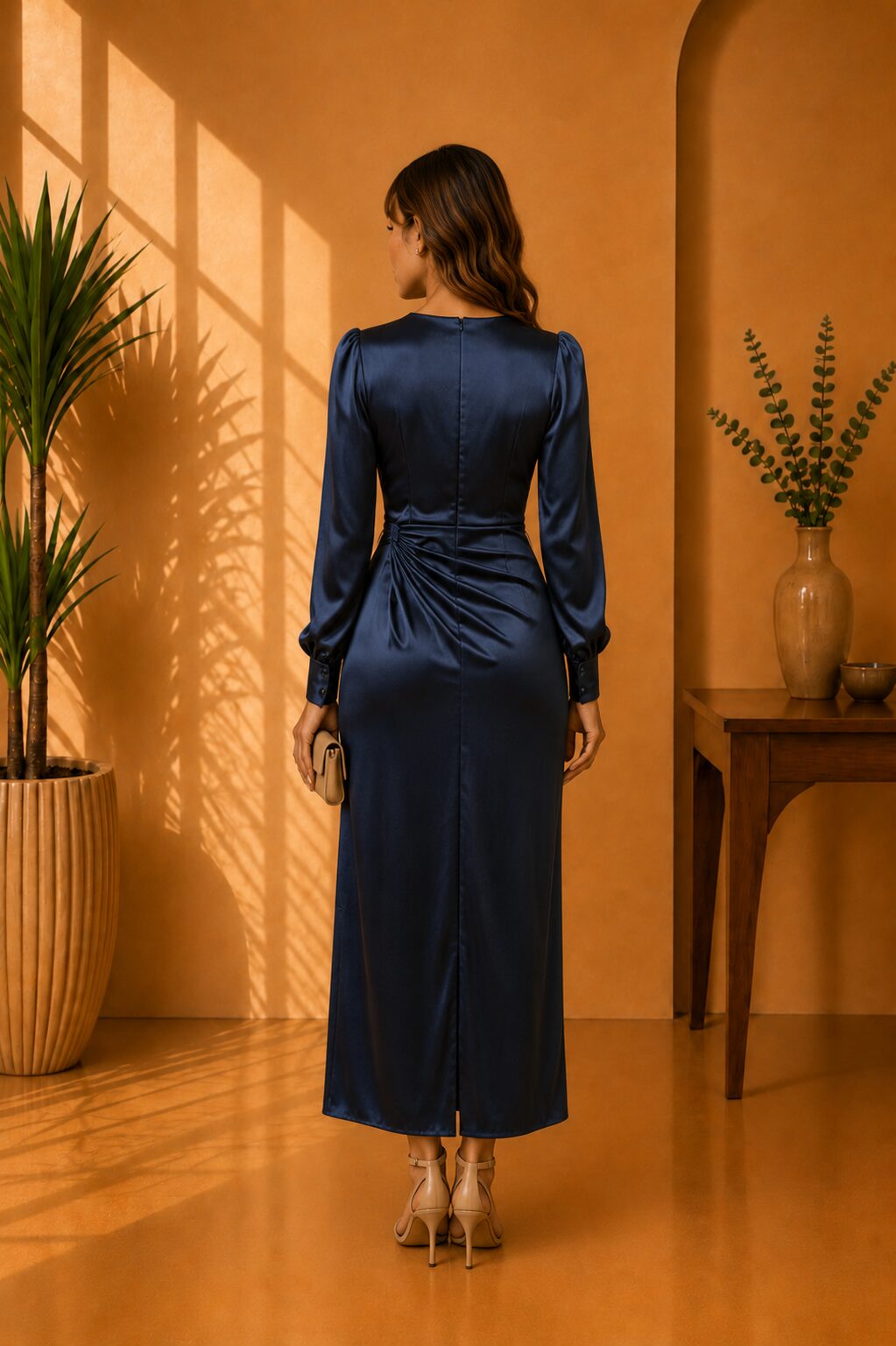 Navy Satin Wrap Midi Dress - Image 2