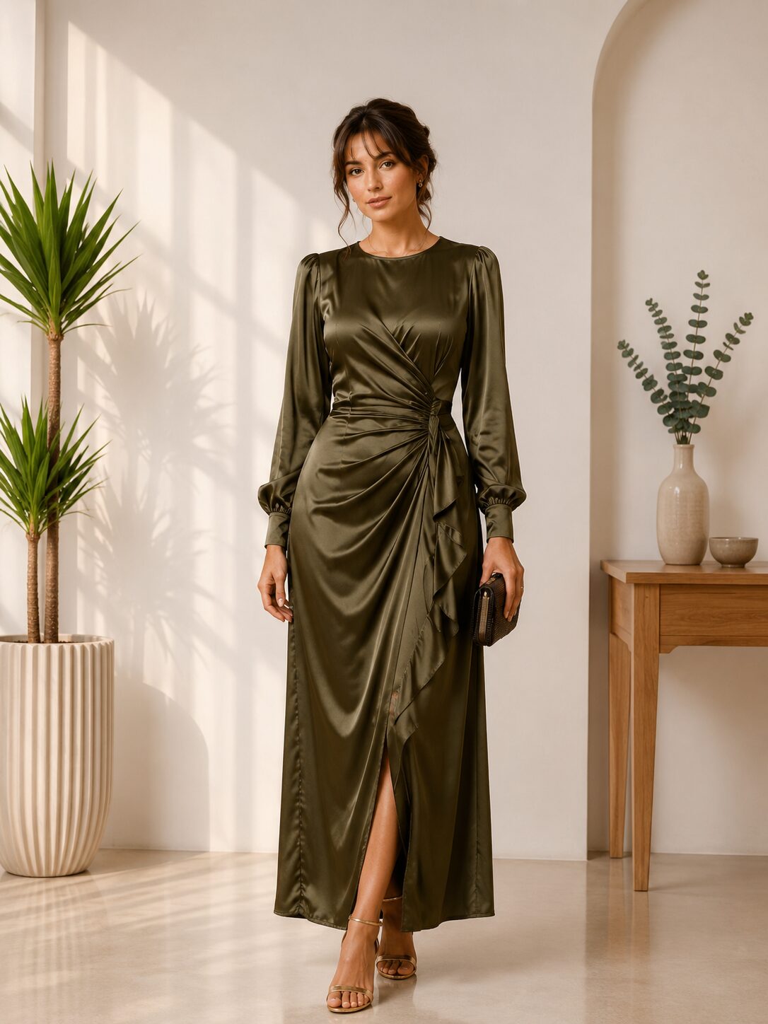 Olive Satin Ruched Midi Dress