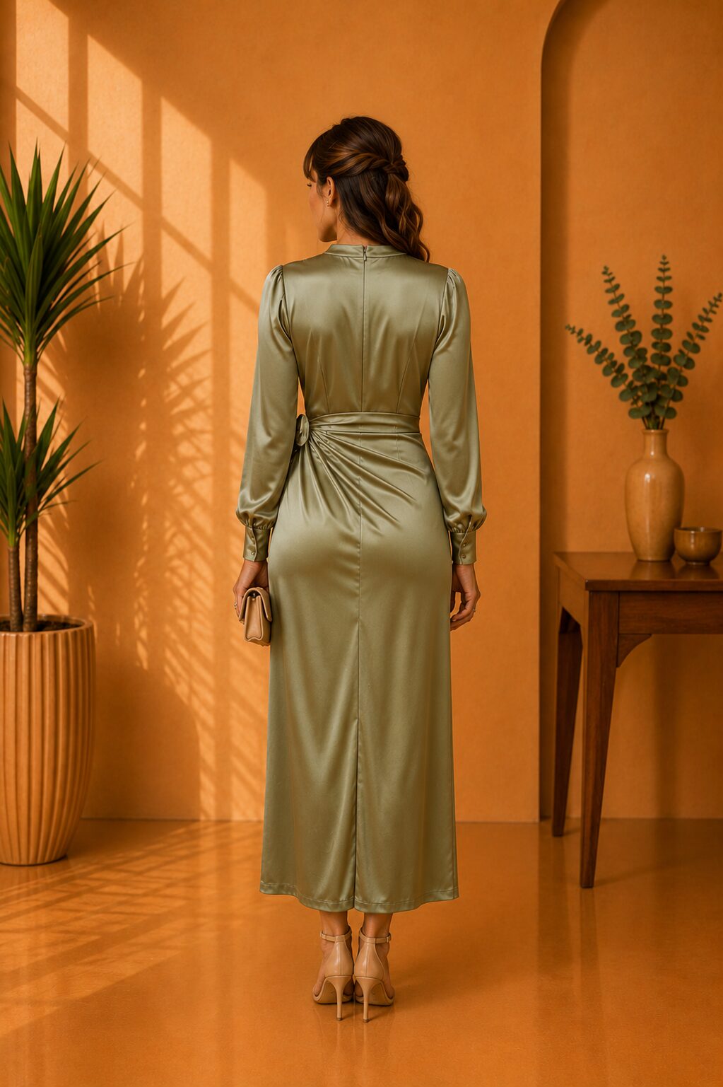 Sage Satin Draped Midi Dress - Image 2