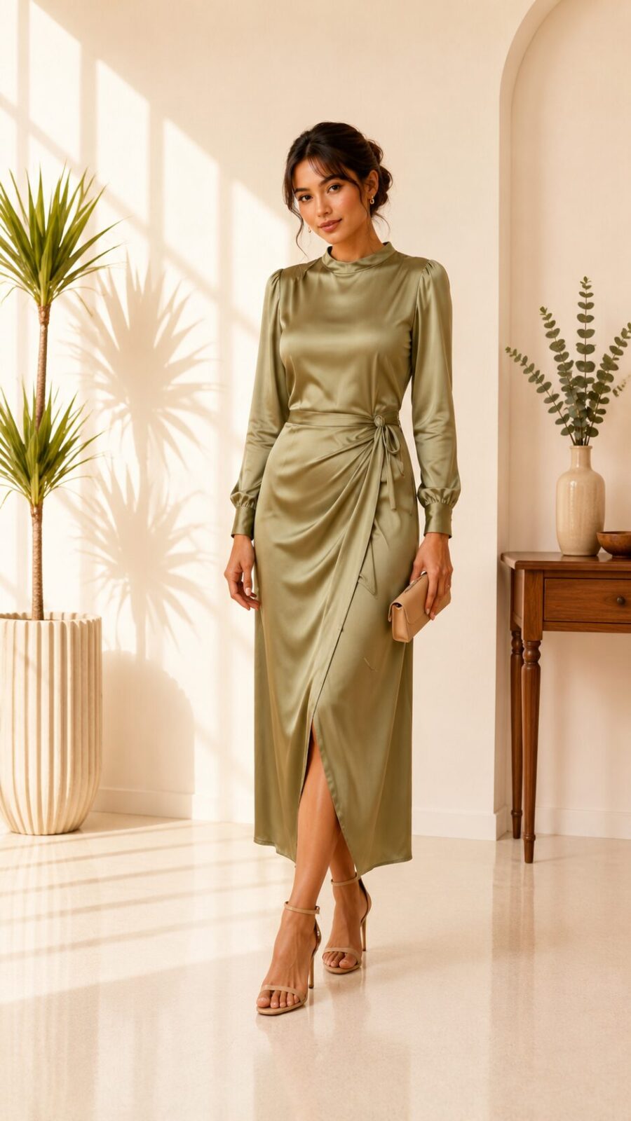 Sage Satin Draped Midi Dress